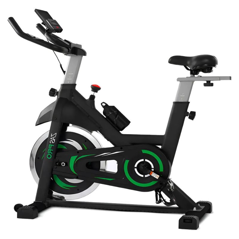 Bicicleta de Spinning MBX Fit WCT Fitness com roda de inércia de 20 kg, transmissão por correia e design profissional para treinos intensos em casa.