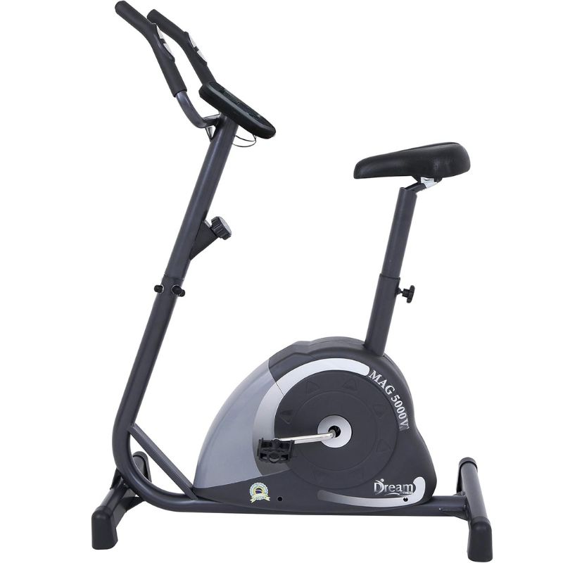Bicicleta Ergométrica Magnética Vertical Dream Fitness MAG 5000 V com resistência silenciosa e monitor digital para treino em casa.